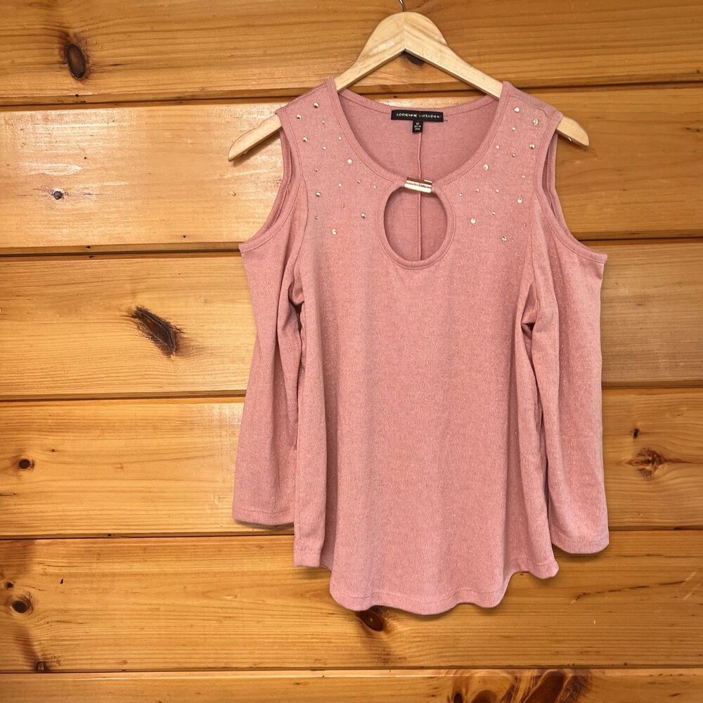 Adrienne Vittadini Blouse 3/4 Sleeve Cold Shoulder Knit Top Keyhole Pink M